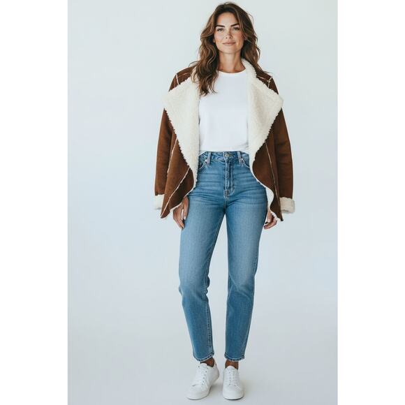 JouJou Faux Suede Shearling Waterfall Cardigan Jacket Size L Brown Boho Western - Picture 15 of 16